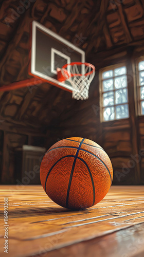 Basketball on Wooden Court Game Day Sport Hoop Indoor