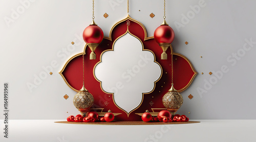 Elegant red and gold embellished 3D decoration illustration on luxury ramadan banner template design with subtle noise texture