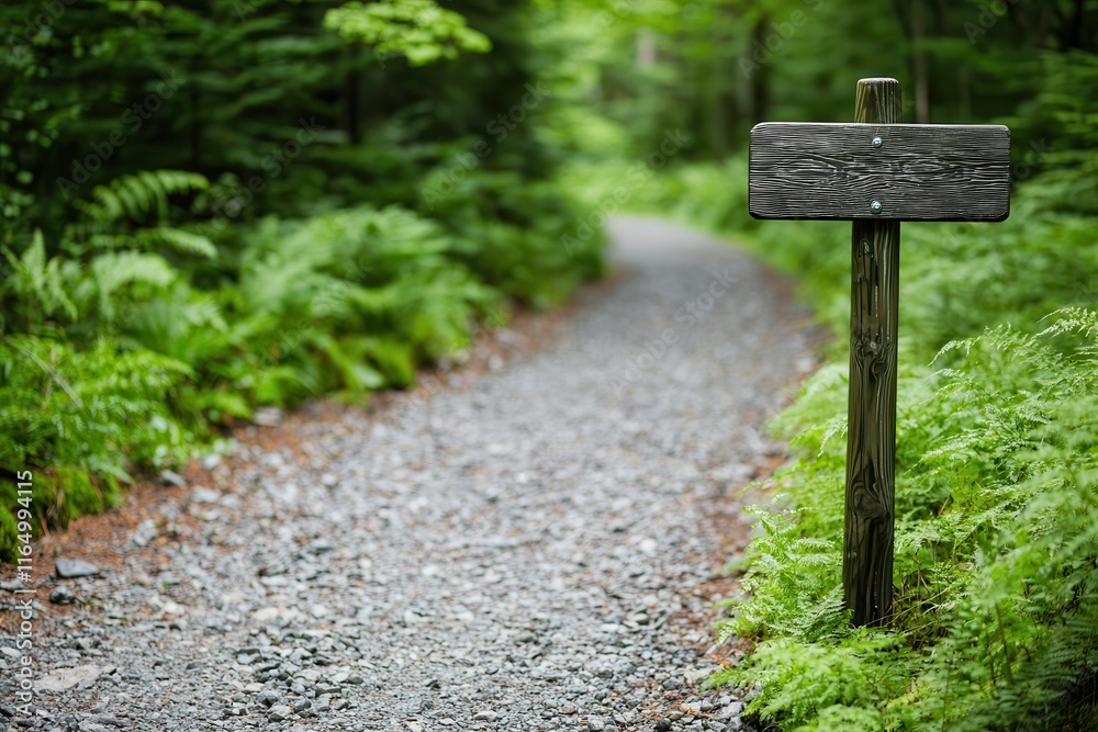 Digital detox boosts mental health. Forest path with a wooden signpost Digital detox boosts mental health. Forest path with a wooden signpost