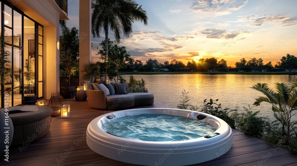 Serene Sunset View from Deck with Hot Tub and Calm Water Reflection Serene Sunset View from Deck with Hot Tub and Calm Water Reflection