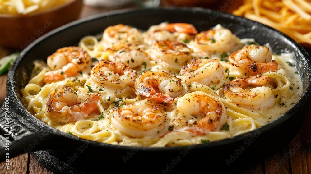 Creamy shrimp fettuccine in a cast iron skillet. Perfect for restaurant menus, food blogs, or recipe websites. Creamy shrimp fettuccine in a cast iron skillet. Perfect for restaurant menus, food blogs, or recipe websites.