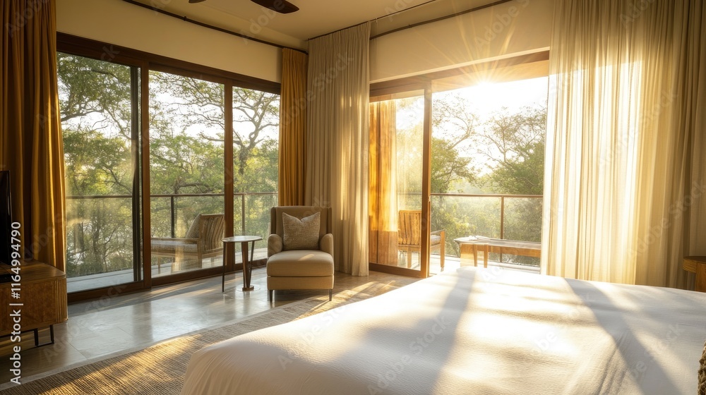 Fototapeta premium Serene Hotel Room with Natural Light and Scenic View of Trees