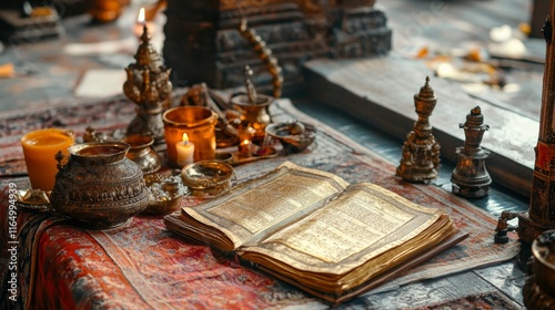 A symbolic representation of the importance of religious rituals with sacred texts and ceremonial items photo