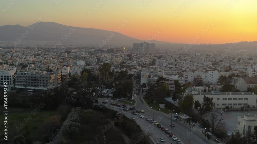 Drone shot of Marousi in Athens, Greece with traffic at sunset Drone shot of Marousi in Athens, Greece with traffic at sunset