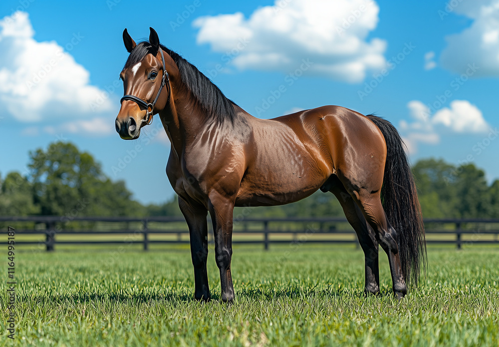 A brown horse stands on grass, looking at the camera, under a bright blue sky with natural lighting. A brown horse stands on grass, looking at the camera, under a bright blue sky with natural lighting.