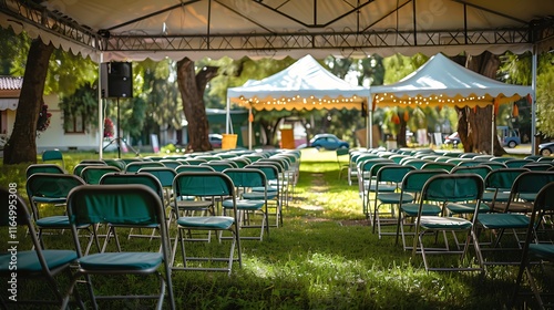 An outdoor venue with rows of empty chairs under a canopy, decorated for a party.