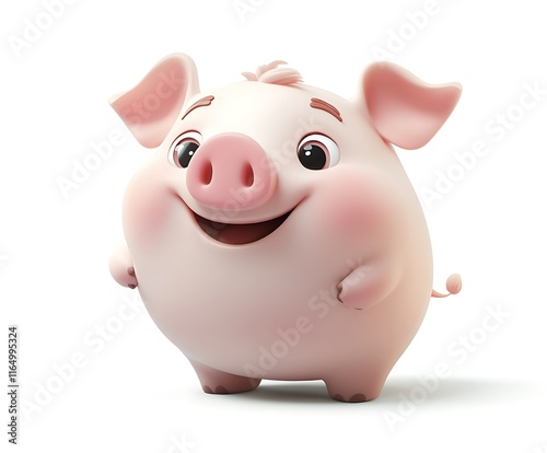 Adorable 3D rendering of a cheerful pink piglet.