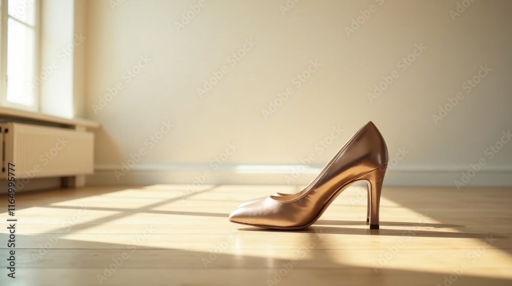A pair of elegant rose gold high heels sits on a sunlit hardwood floor near a window A pair of elegant rose gold high heels sits on a sunlit hardwood floor near a window