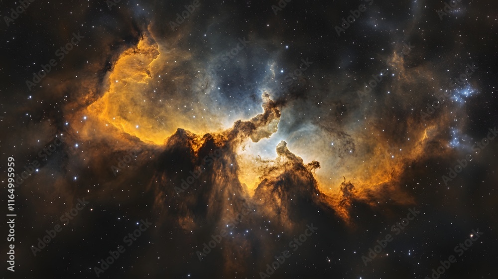 Fototapeta premium Golden Nebula Cosmic Cloudscape Starry Night