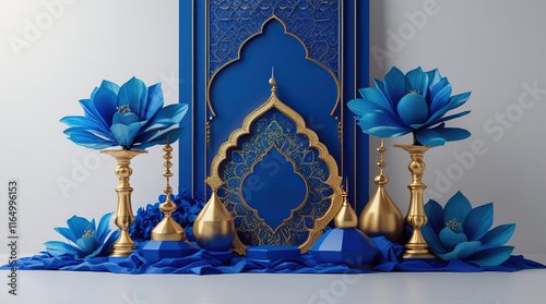 Elegant blue and gold embellished 3D decoration illustration on luxury ramadan banner template design with subtle noise texture