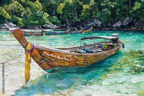 Watercolor Painting of a Traditional Longtail Boat Moored in a Tropical Lagoon. photo