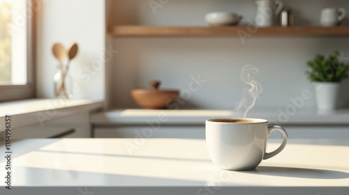 Wallpaper Mural Morning sunlight illuminates a steaming cup of coffee on a minimalist kitchen counter Torontodigital.ca