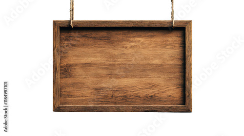 Rustic wooden sign hanging from jute rope on white background for decoration, announcements, or promotional messages. Ideal for indoor and outdoor usage.