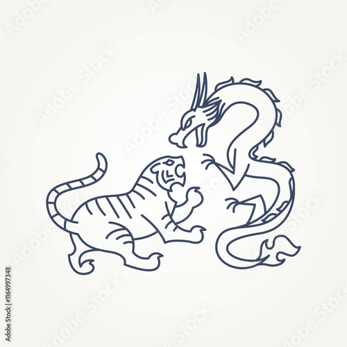 minimalist tiger and dragon fight line art icon logo vector illustration design