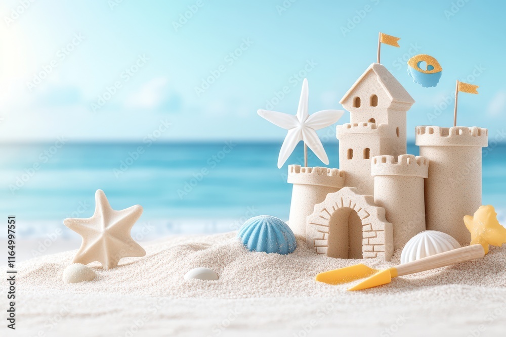 Sandy Fun in the Sun: Close-Up of Sand Castle and Shovel on Beach with Panoramic Ocean Background - Perfect for Summer Vacation and Travel Sandy Fun in the Sun: Close-Up of Sand Castle and Shovel on Beach with Panoramic Ocean Background - Perfect for Summer Vacation and Travel