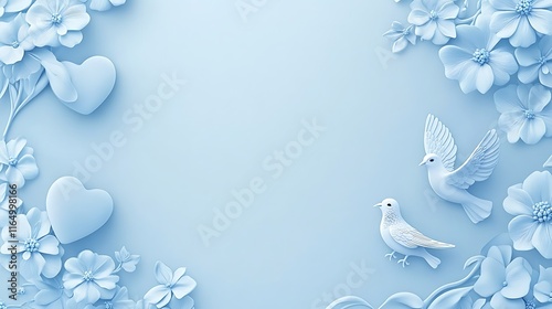 Elegant Blue Floral Design With Doves And Hearts photo