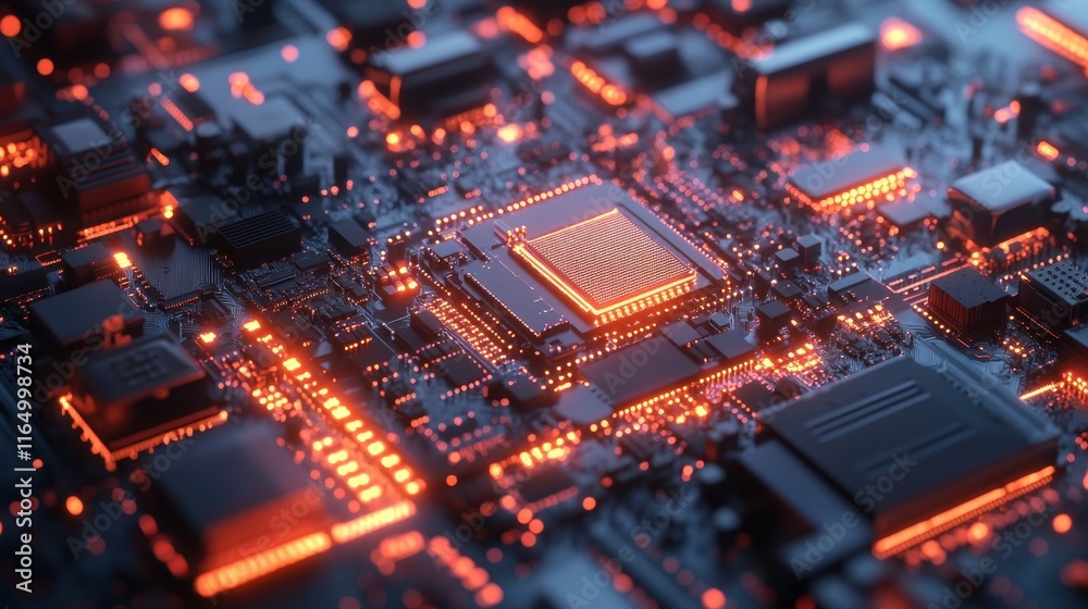 Close-up of a circuit board with glowing components. Ideal for tech, engineering, and innovation concepts.