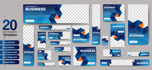 Set of business banner templates with blue background. Modern technology design, abstract background layout with photos. Editable Vector collection corporate banner.