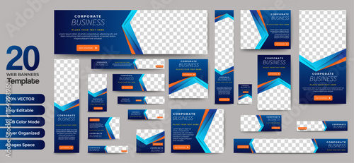 Set of business banner templates with blue background. Modern technology design, abstract background layout with photos. Editable Vector collection corporate banner.