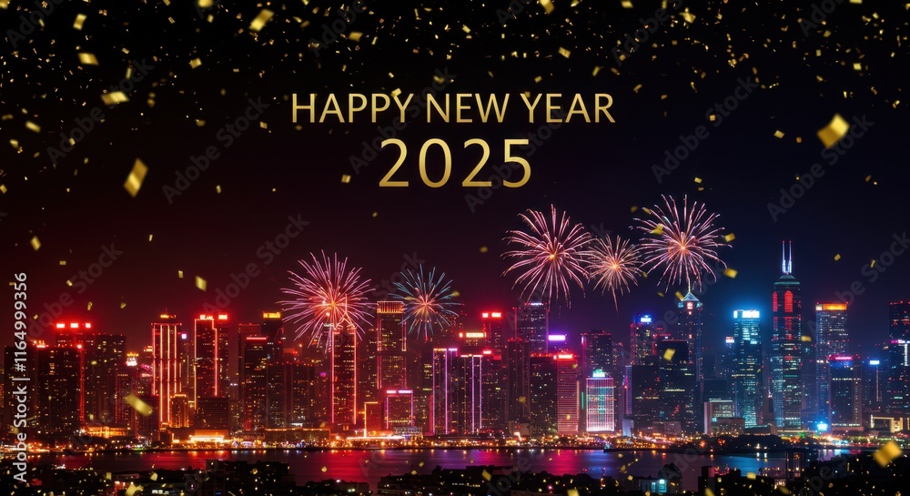 Obraz premium Happy new year 2025 celebration with fireworks over city skyline