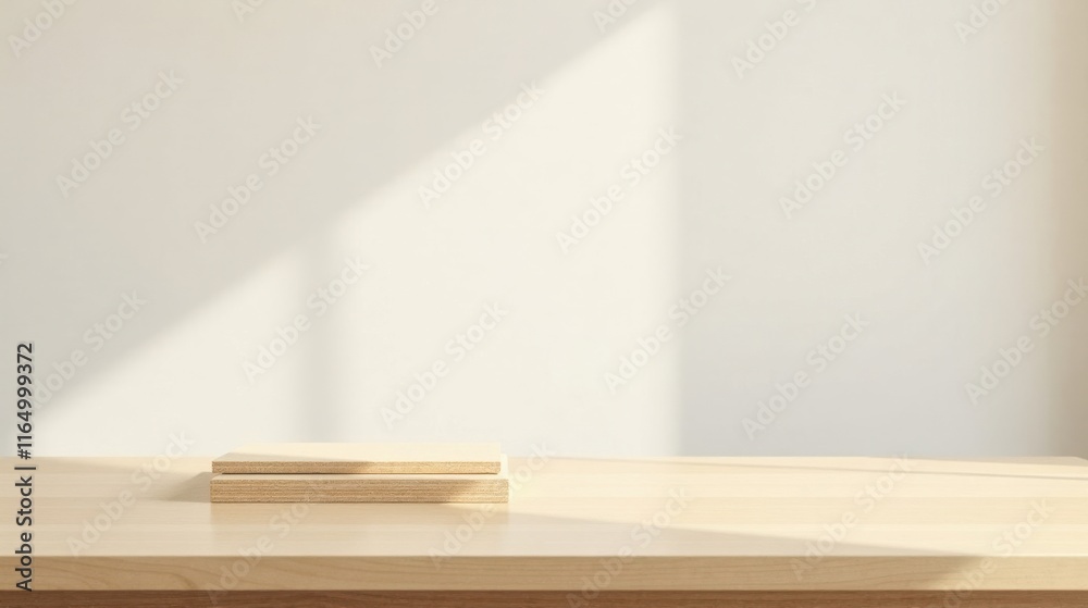 Minimalist Wooden Display Two Light Wood Blocks on a Table with Soft Sunlight Minimalist Wooden Display Two Light Wood Blocks on a Table with Soft Sunlight