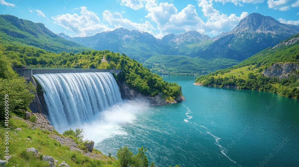 Fototapeta premium Dam waterfall cascading into turquoise lake surrounded by mountains.