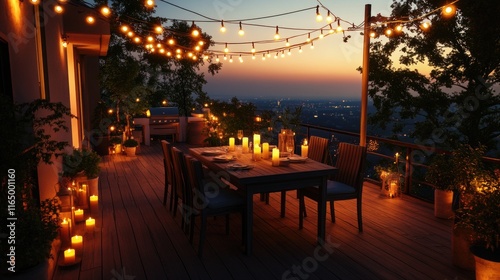 Cozy Evening Outdoor Dining Setup with String Lights and Candles