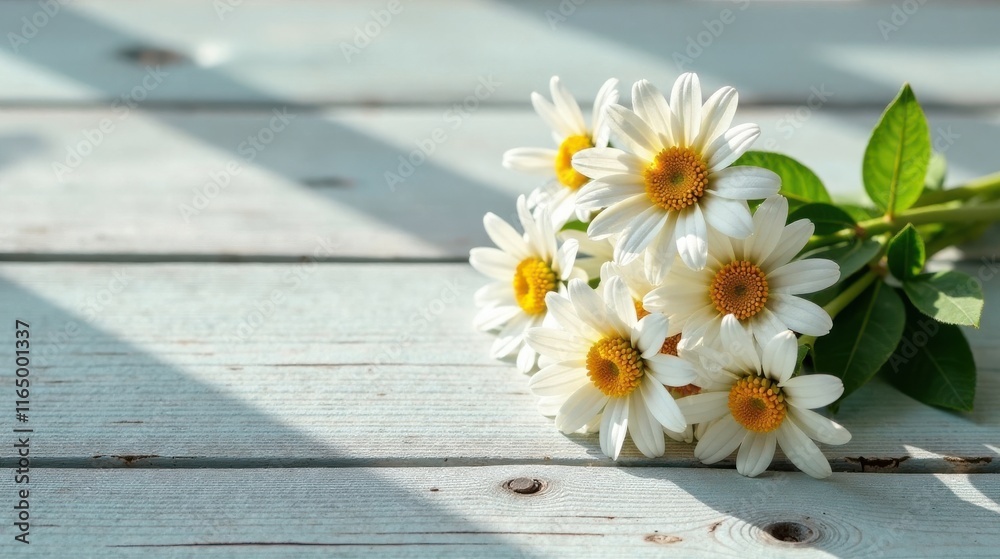 Fototapeta premium Sunlight illuminates a delicate bouquet of daisies resting on a weathered wooden surface