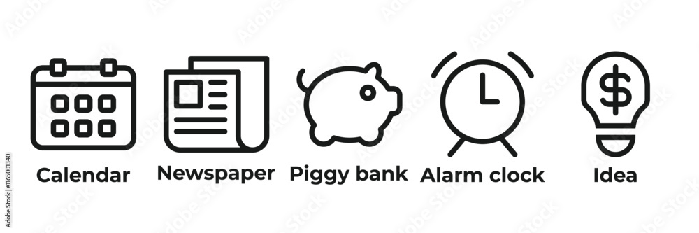 Timely Ideas for Financial Planning Icons set vector illustration with calendar, newspaper, piggy bank, alarm clock, idea Timely Ideas for Financial Planning Icons set vector illustration with calendar, newspaper, piggy bank, alarm clock, idea