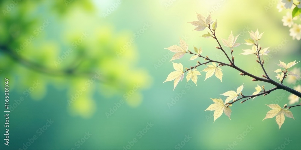 Serene Spring Branch with Delicate, Pale Leaves and Soft Green Background Serene Spring Branch with Delicate, Pale Leaves and Soft Green Background