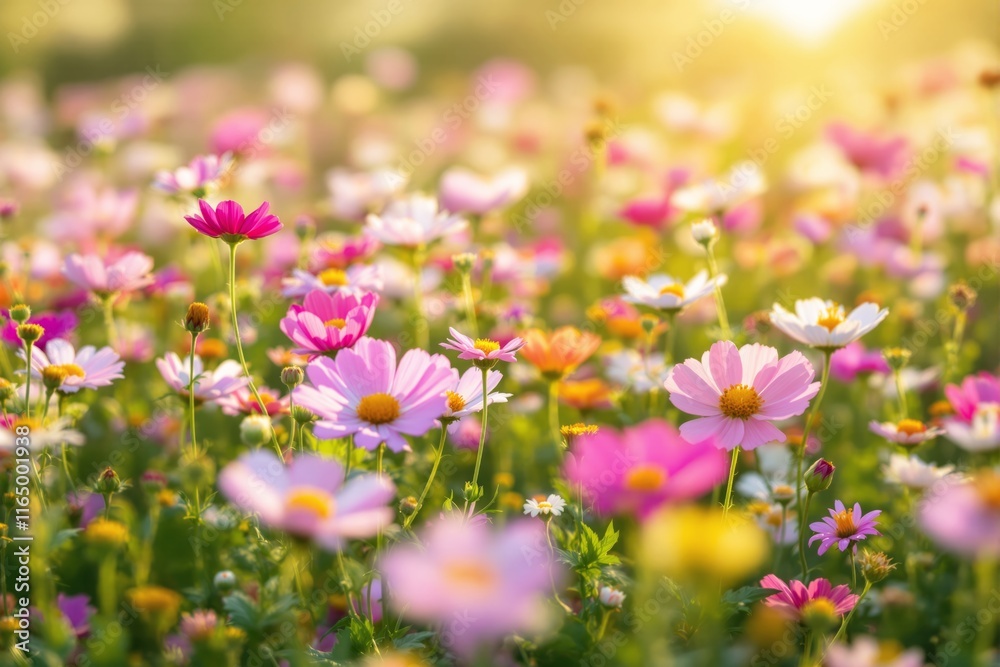 Vibrant meadow of blooming pink, white, and orange flowers bathed in soft sunlight, creating a tranquil and cheerful atmosphere of nature. Ai generative Vibrant meadow of blooming pink, white, and orange flowers bathed in soft sunlight, creating a tranquil and cheerful atmosphere of nature. Ai generative