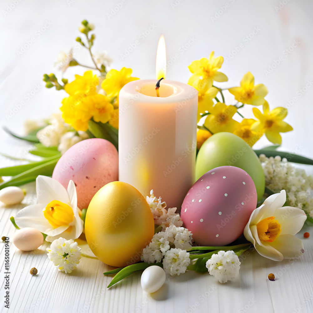 Obraz premium easter eggs and flowers with candle