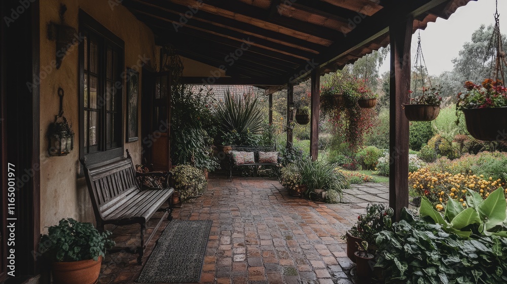Cozy Outdoor Patio with Lush Greenery and Stone Pathway Cozy Outdoor Patio with Lush Greenery and Stone Pathway