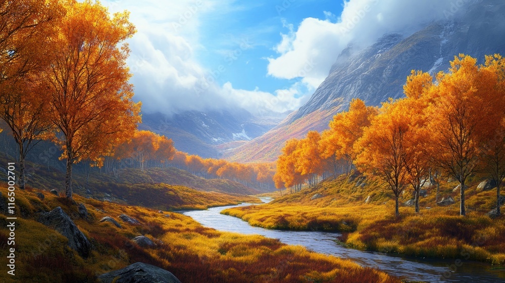 Fototapeta premium Autumn valley views, golden trees lining a valley floor with a meandering river shining under an azure sky