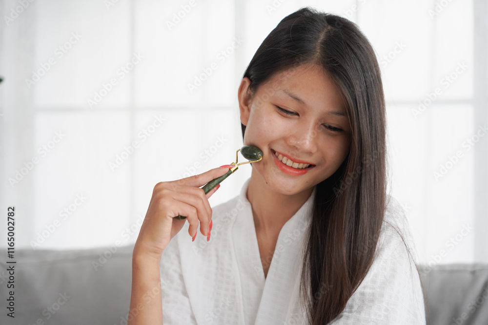 Asian woman in bathrobe applying skincare, take care of your facial skin Asian woman in bathrobe applying skincare, take care of your facial skin