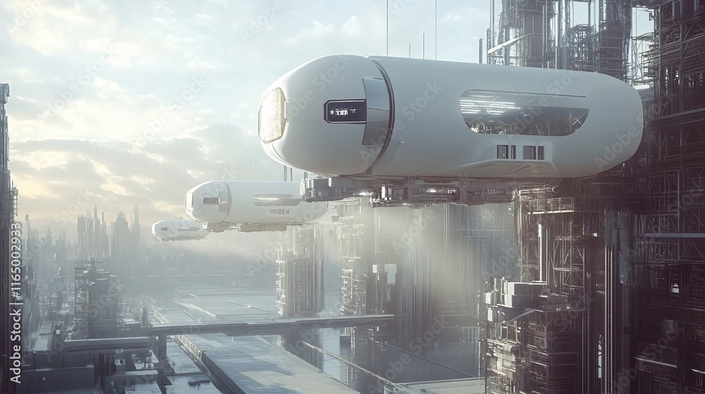 Naklejka premium Futuristic transport hub with magnetic levitation systems moving industrial cargo