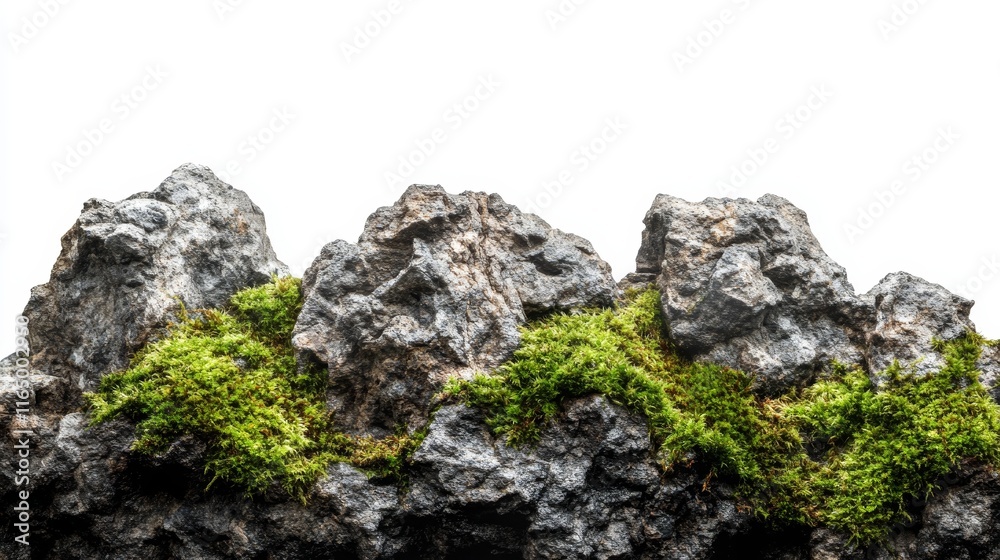 A close-up of rocky terrain adorned with vibrant green moss. A close-up of rocky terrain adorned with vibrant green moss.