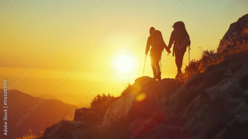 Two hikers holding hands at sunset on a mountain trail, symbolizing adventure and connection. Two hikers holding hands at sunset on a mountain trail, symbolizing adventure and connection.