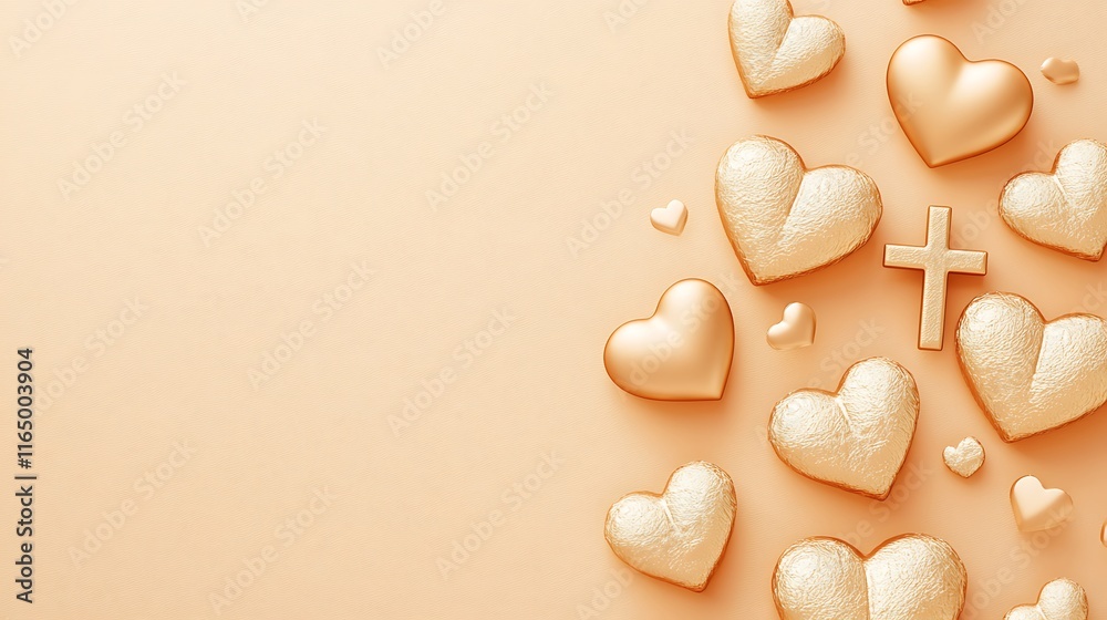 Fototapeta premium Golden Hearts and Cross on Peach Background