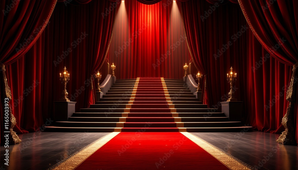 Grand Staircase with Red Carpet and Velvet Curtains: A Luxurious and Elegant Setting Grand Staircase with Red Carpet and Velvet Curtains: A Luxurious and Elegant Setting