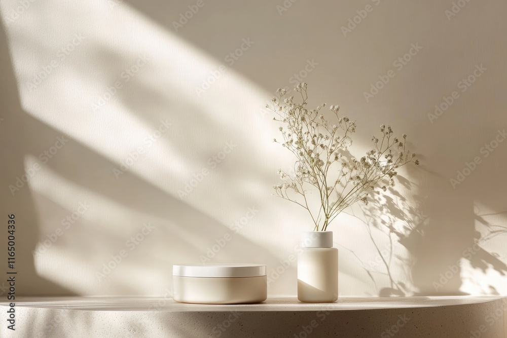 Fototapeta premium Minimalist botanical background with copy space. Neutral toned showcase for new product demonstration, promotion sale, packaging presentation, cosmetic or merchandise. Light and shadow. Front view. 