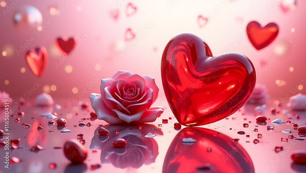 valentine background. Colorful Glass Hearts on Reflective Surface with Bokeh Background, rose, ring, couple