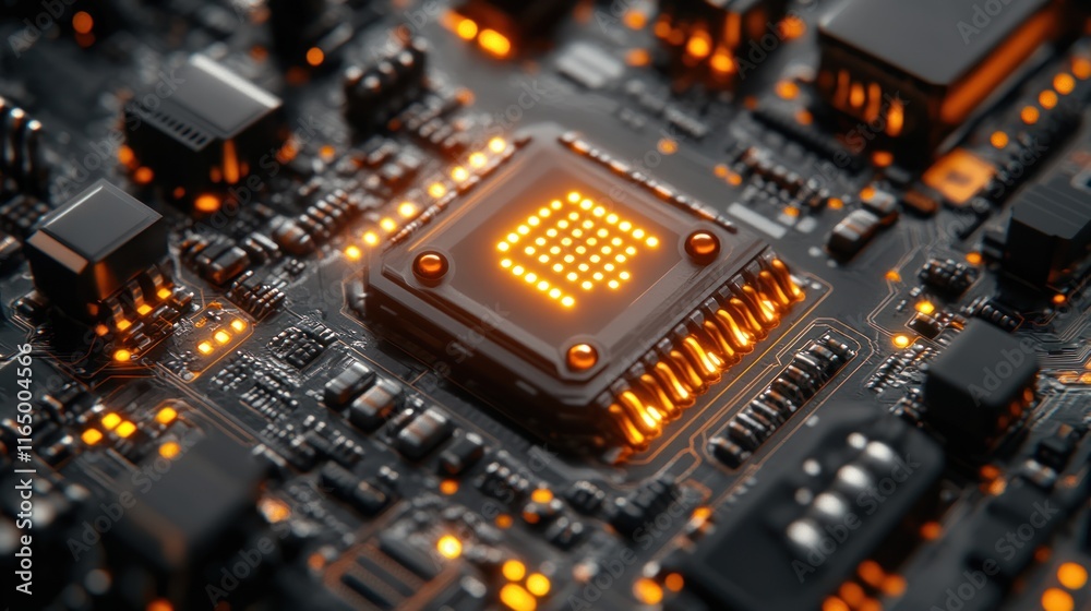 Close-up of a circuit board with glowing components. Close-up of a circuit board with glowing components.
