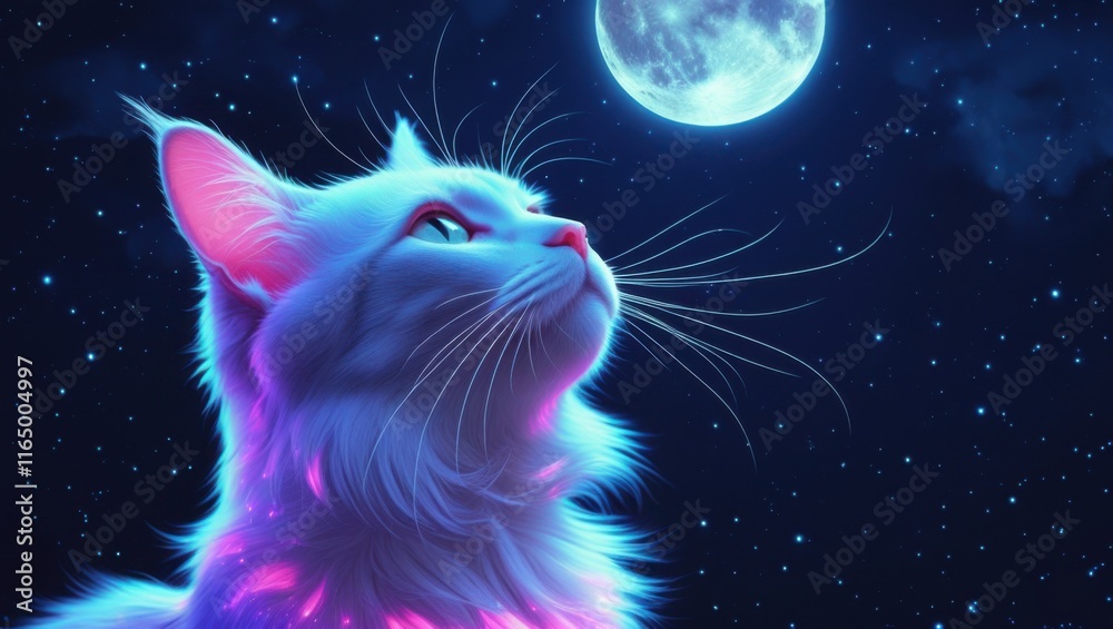 Fototapeta premium A luminous, tranquil feline with an enigmatic gaze stares upward, bathed in an aura of soft, pulsing neon hues that dance across its velvety fur, imbuing it with an otherworldly essence. The cat's rad