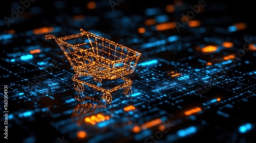 Digital shopping cart on a data network background.