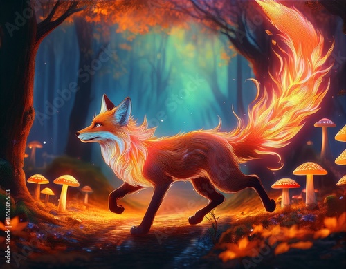 A glowing fox with a fiery tail runs through an enchanted forest surrounded by glowing mushrooms and vibrant foliage, showcasing mystical realism with a warm color palette.