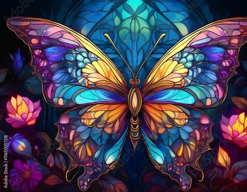 A glowing butterfly with intricate wing patterns resembling stained glass is set against a vibrant floral background, showcasing surreal nature art with luminous textures.