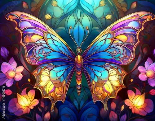 A glowing butterfly with intricate wing patterns resembling stained glass is set against a vibrant floral background, showcasing surreal nature art with luminous textures.