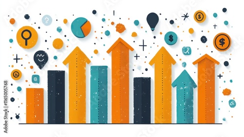 Colorful bar graph with growth indicators and icons.