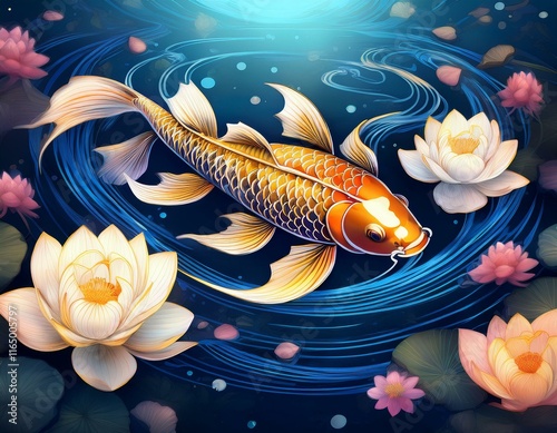 A luminous koi fish swims in a glowing blue pond surrounded by ripples and lotus flowers. Elegant aquatic art highlights glowing water reflections.
